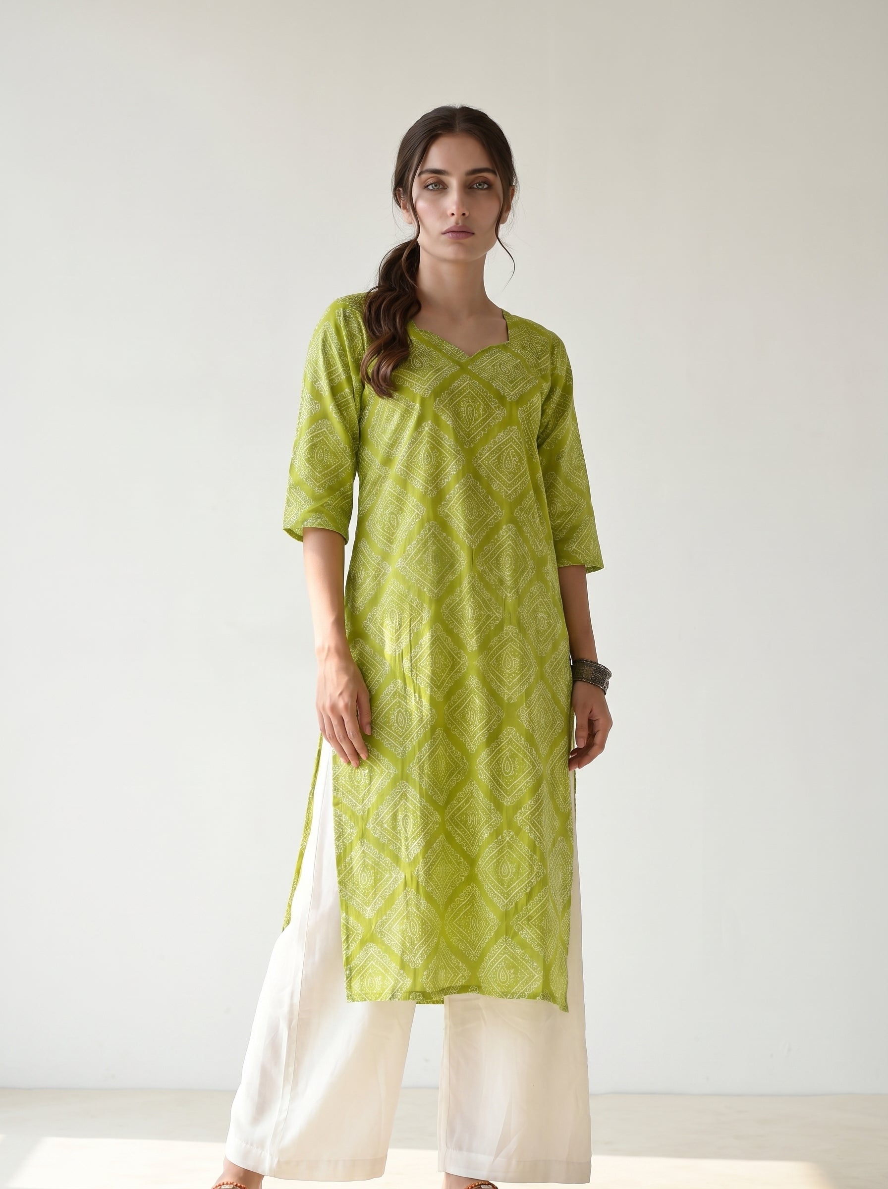 Bright Green Cambric Cotton Printed Kurti