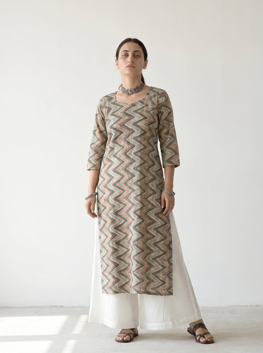 Dark Grey Cambric Cotton Zigzag Pattern Kurti