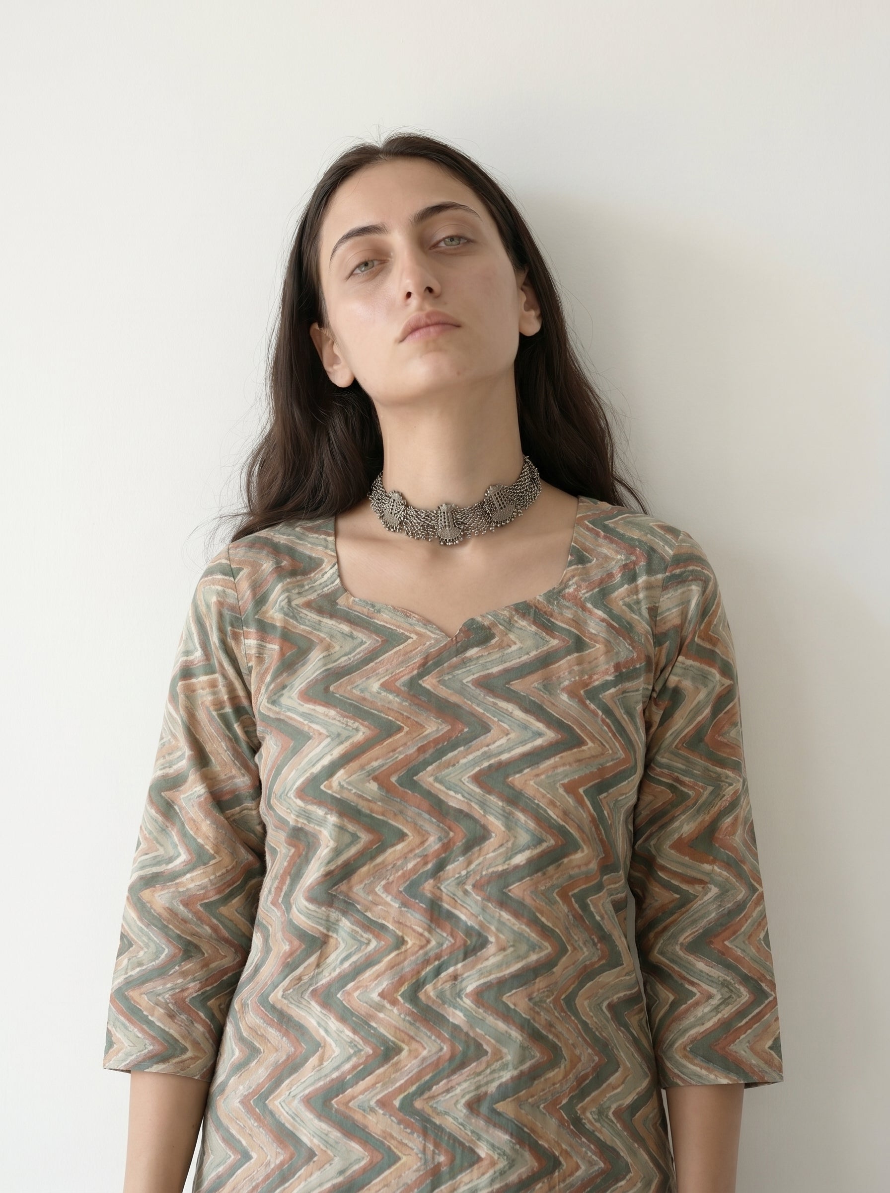 Dark Grey Cambric Cotton Zigzag Pattern Kurti