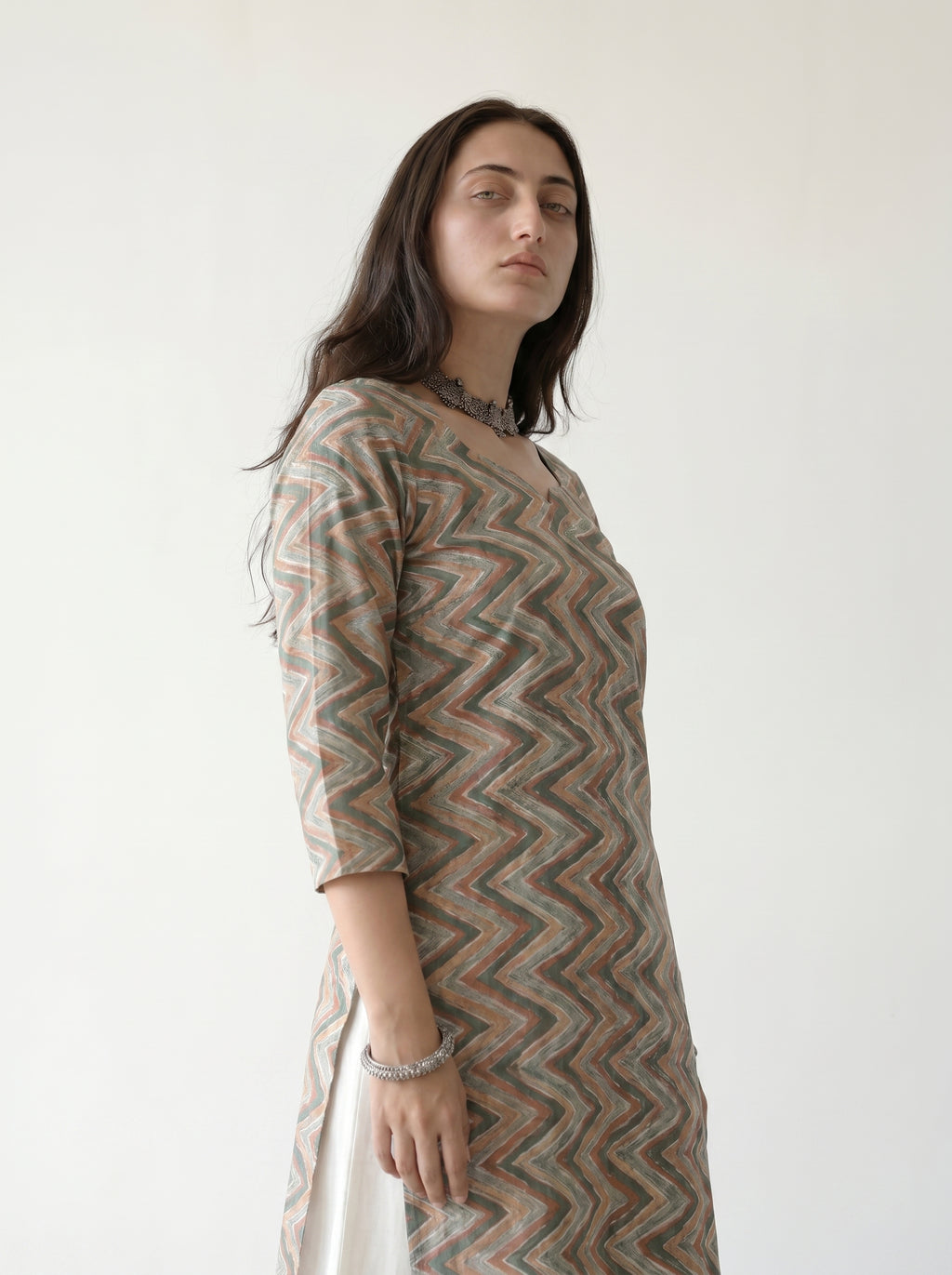 Dark Grey Cambric Cotton Zigzag Pattern Kurti