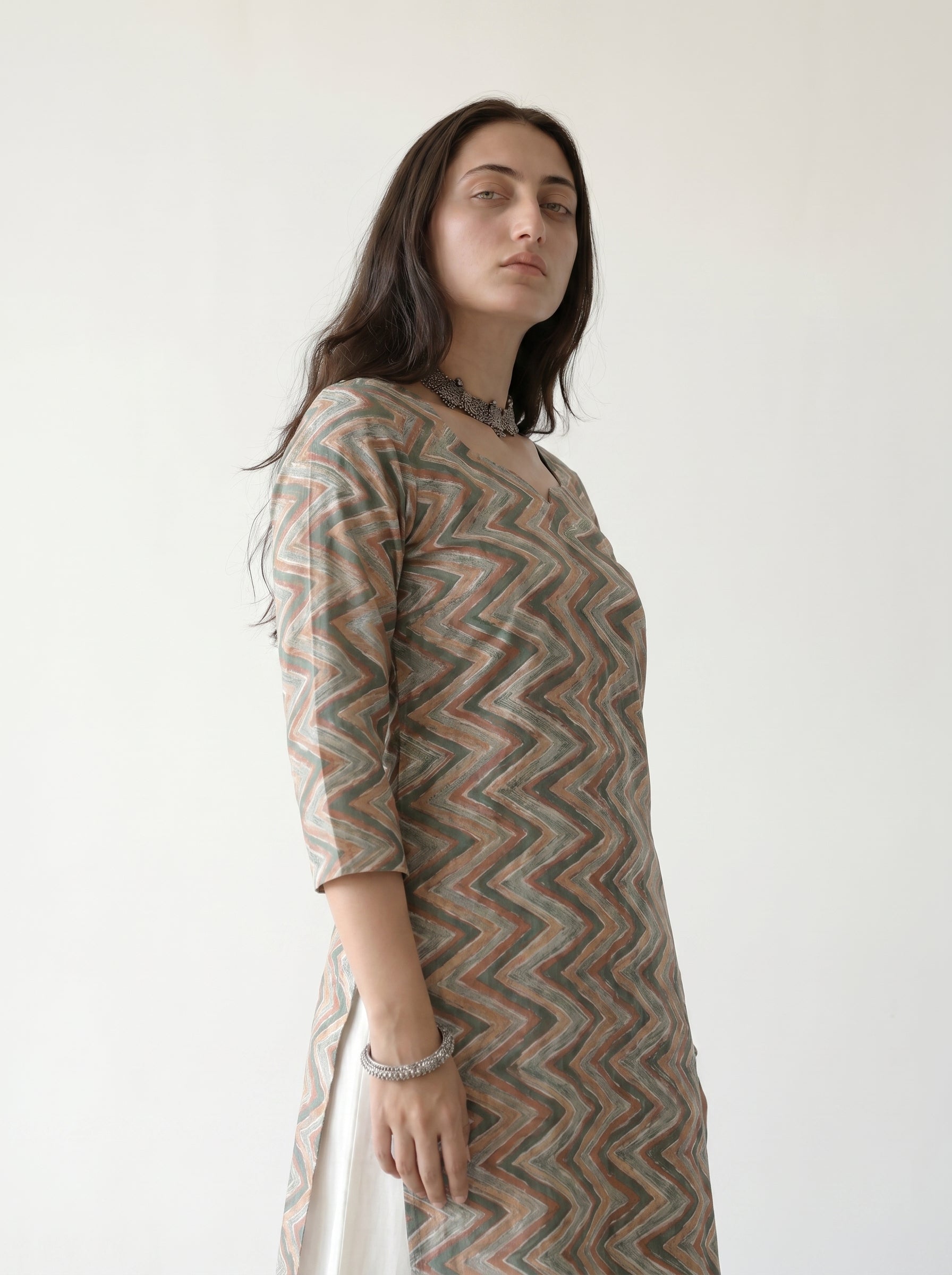 Dark Grey Cambric Cotton Zigzag Pattern Kurti