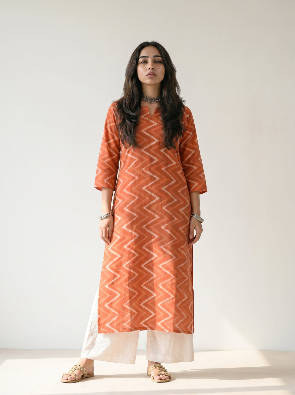 Rust Orange Cambric Cotton Printed Kurti
