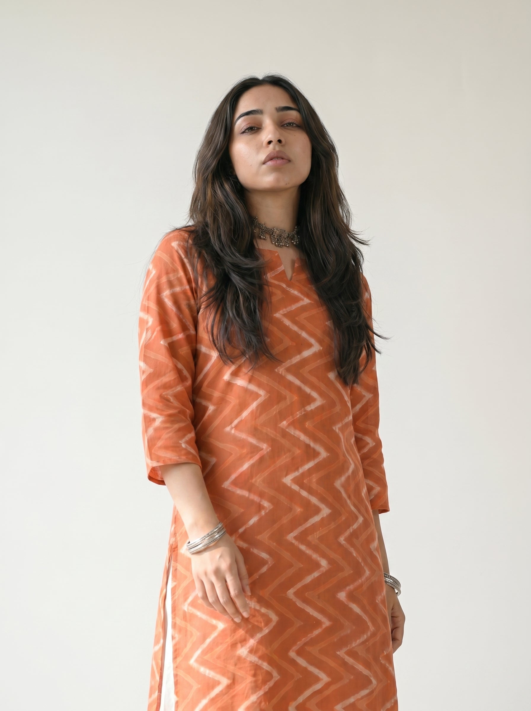Rust Orange Cambric Cotton Printed Kurti