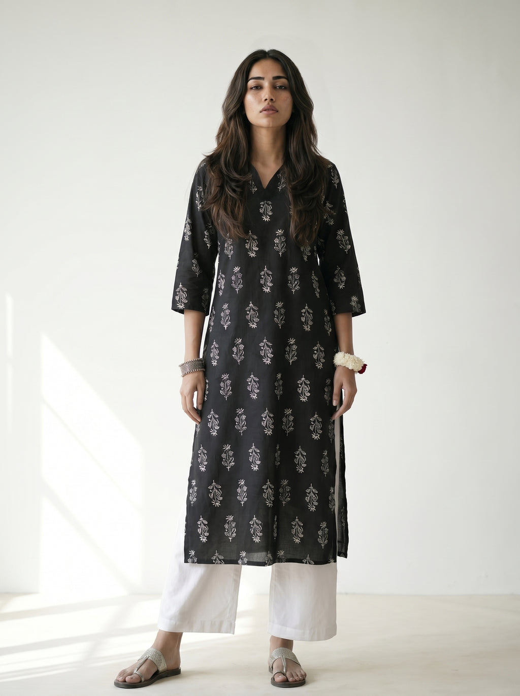 Black Cambric Cotton Straight Cut Printed Kurti