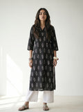 Black Cambric Cotton Straight Cut Printed Kurti
