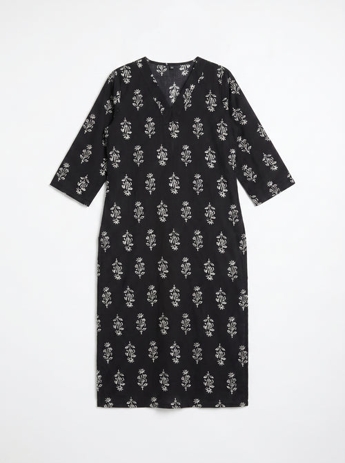 Black Cambric Cotton Straight Cut Printed Kurti