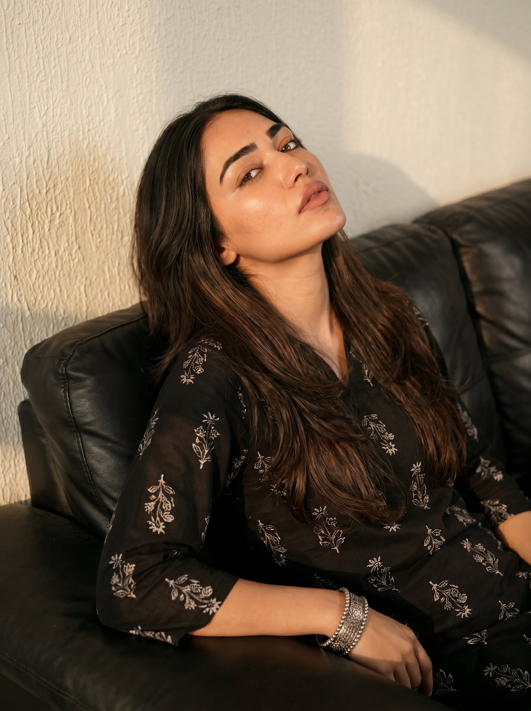 Black Cambric Cotton Straight Cut Printed Kurti