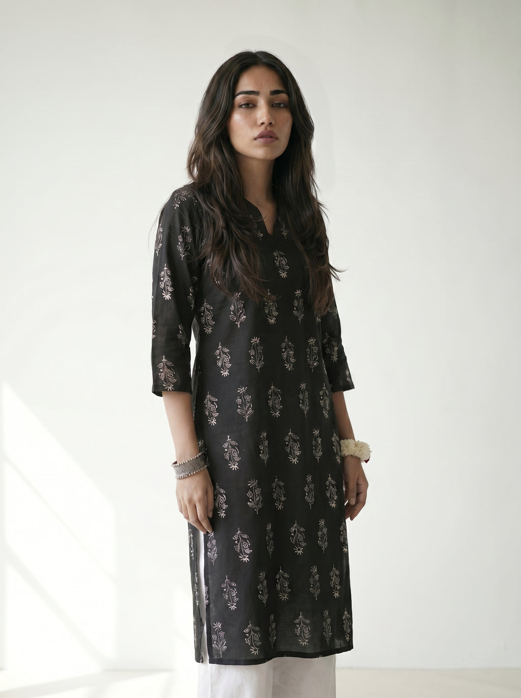 Black Cambric Cotton Straight Cut Printed Kurti