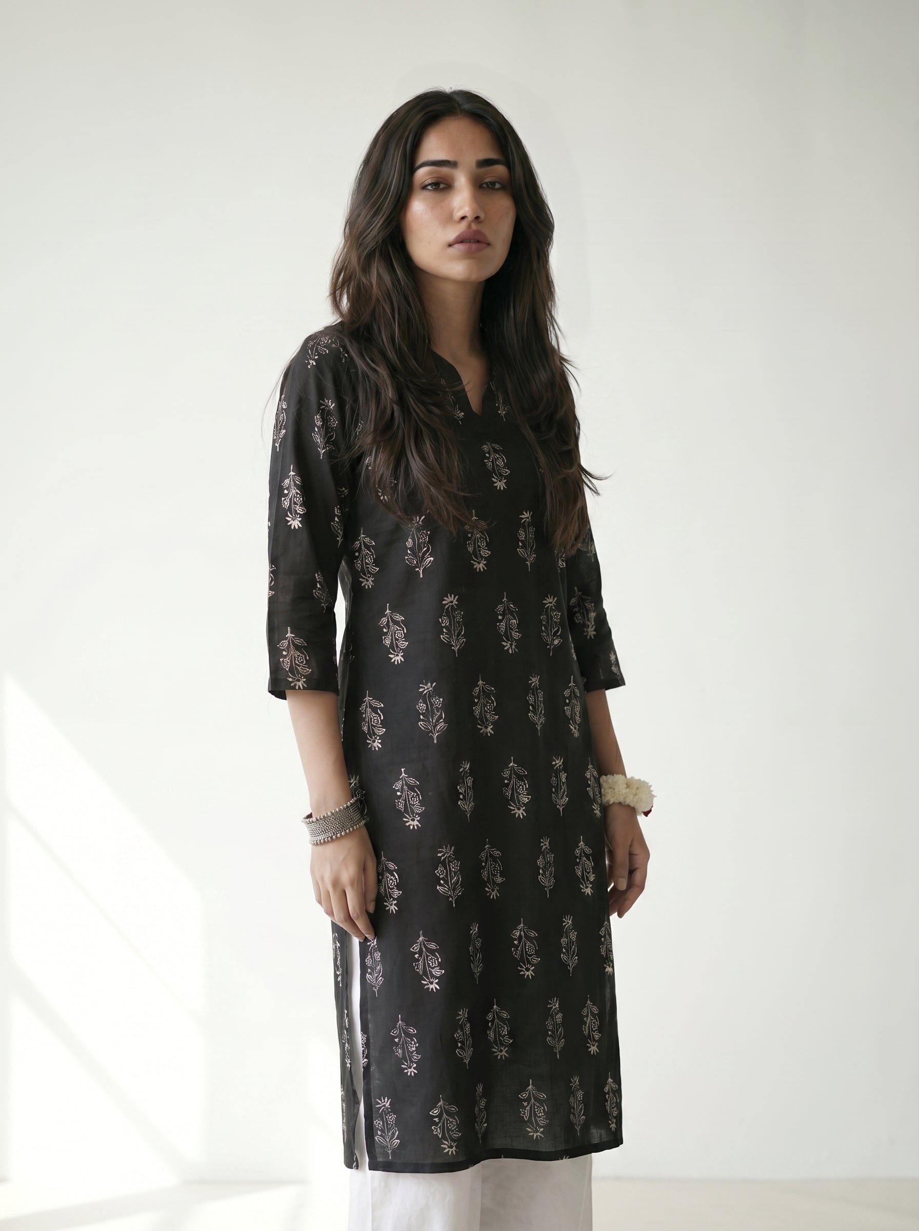 Black Cambric Cotton Straight Cut Printed Kurti