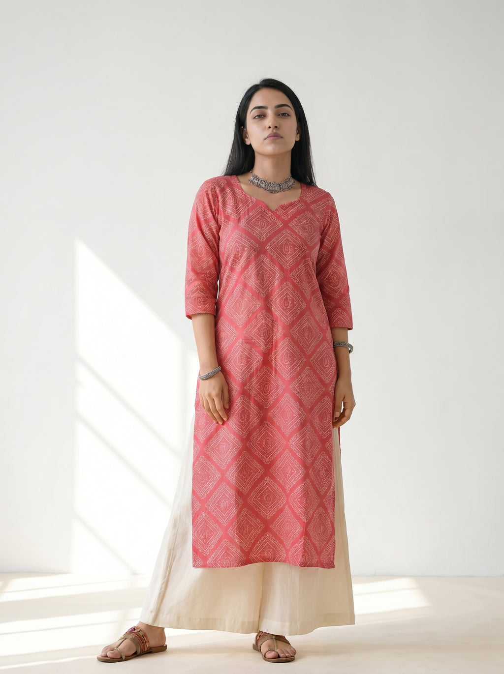 Pink Cambric Cotton Straight Cut Printed Kurti