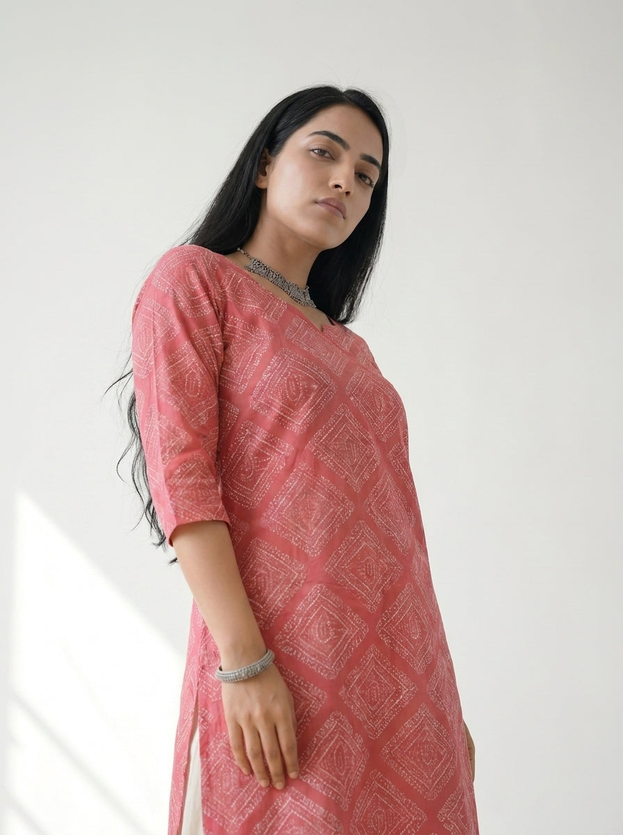 Pink Cambric Cotton Straight Cut Printed Kurti