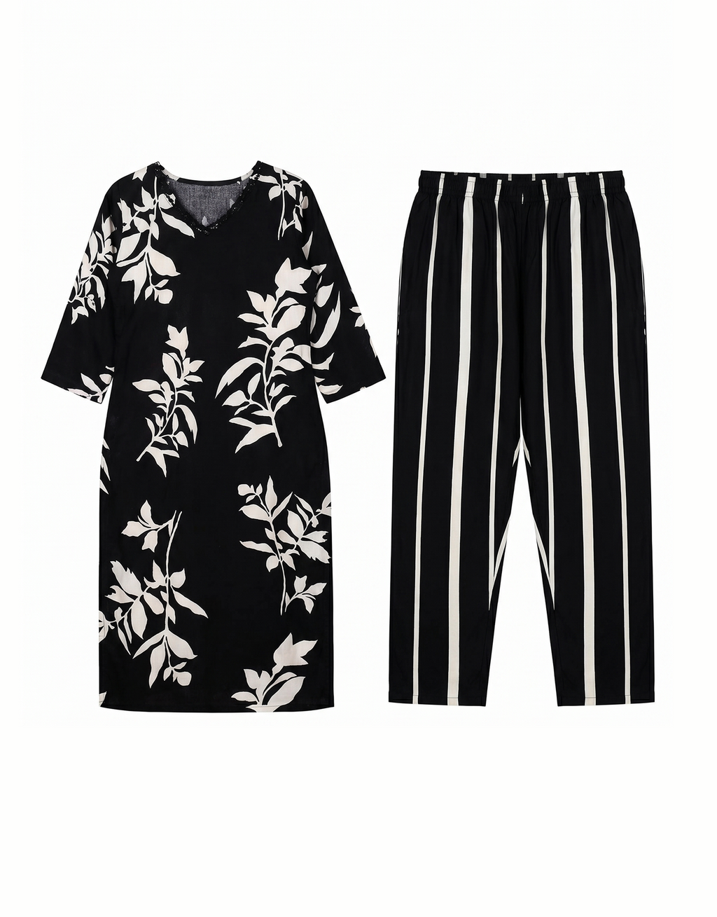 Black Rayon Floral Kurti Co-Ord Set