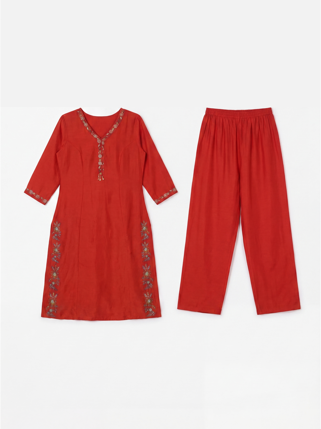 Rust Red Viscose Embroidery Kurti Co-Ord Set