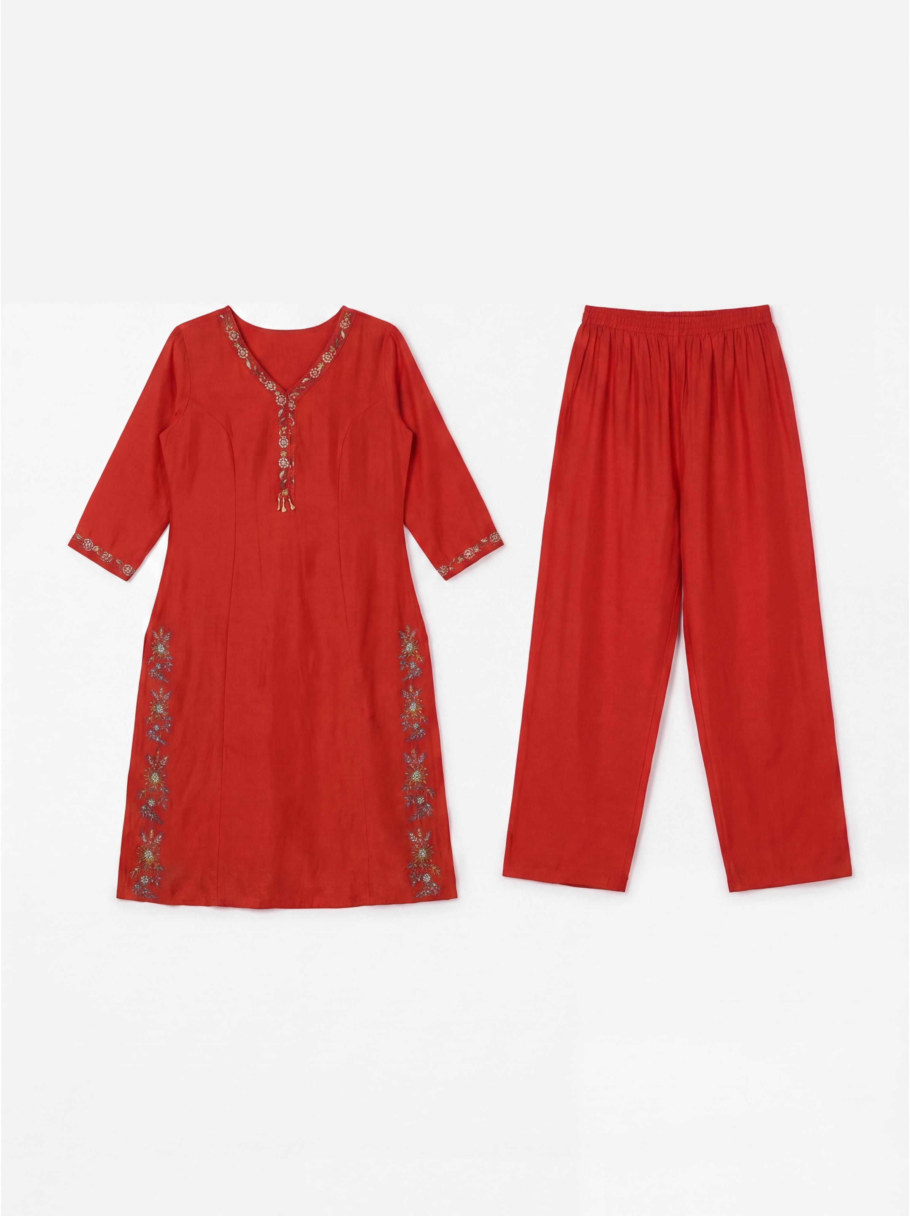 Rust Red Viscose Embroidery Kurti Co-Ord Set
