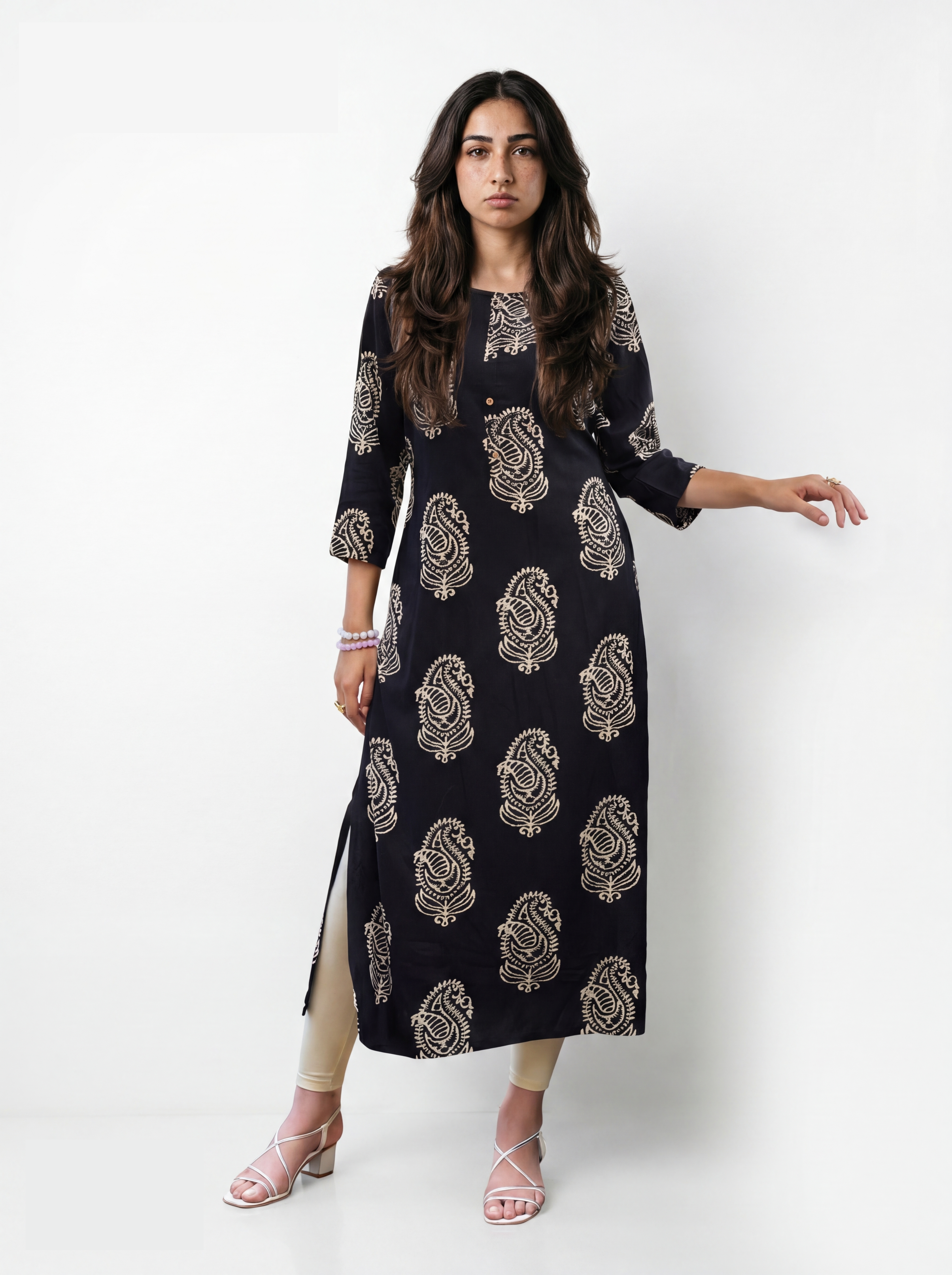 Black Rayon Printed Straight-Cut Kurti