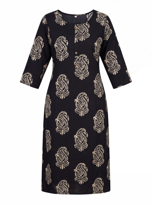 Black Rayon Printed Straight-Cut Kurti