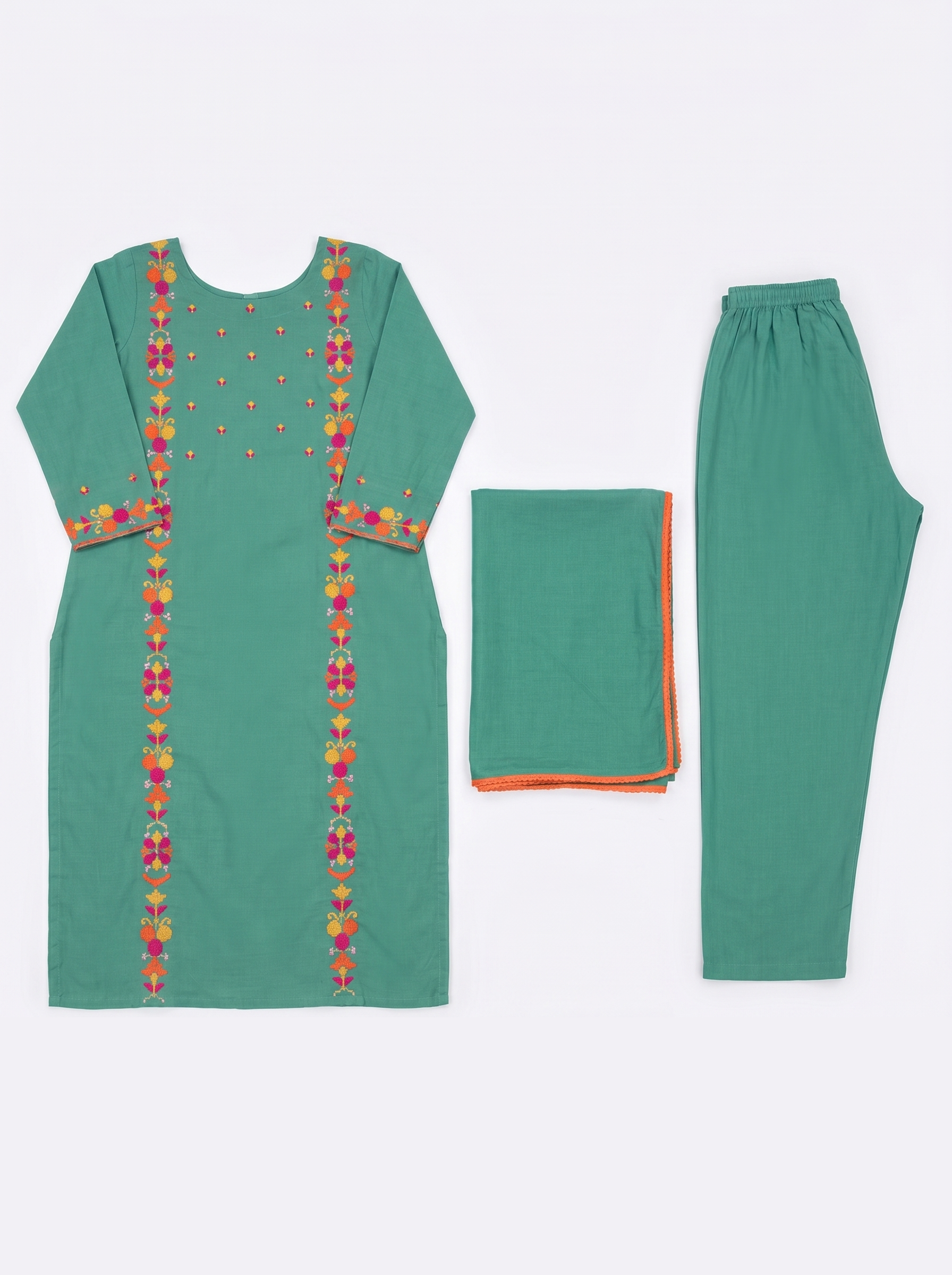 Teal Cotton Embroidered Kurti with Pant and Dupatta