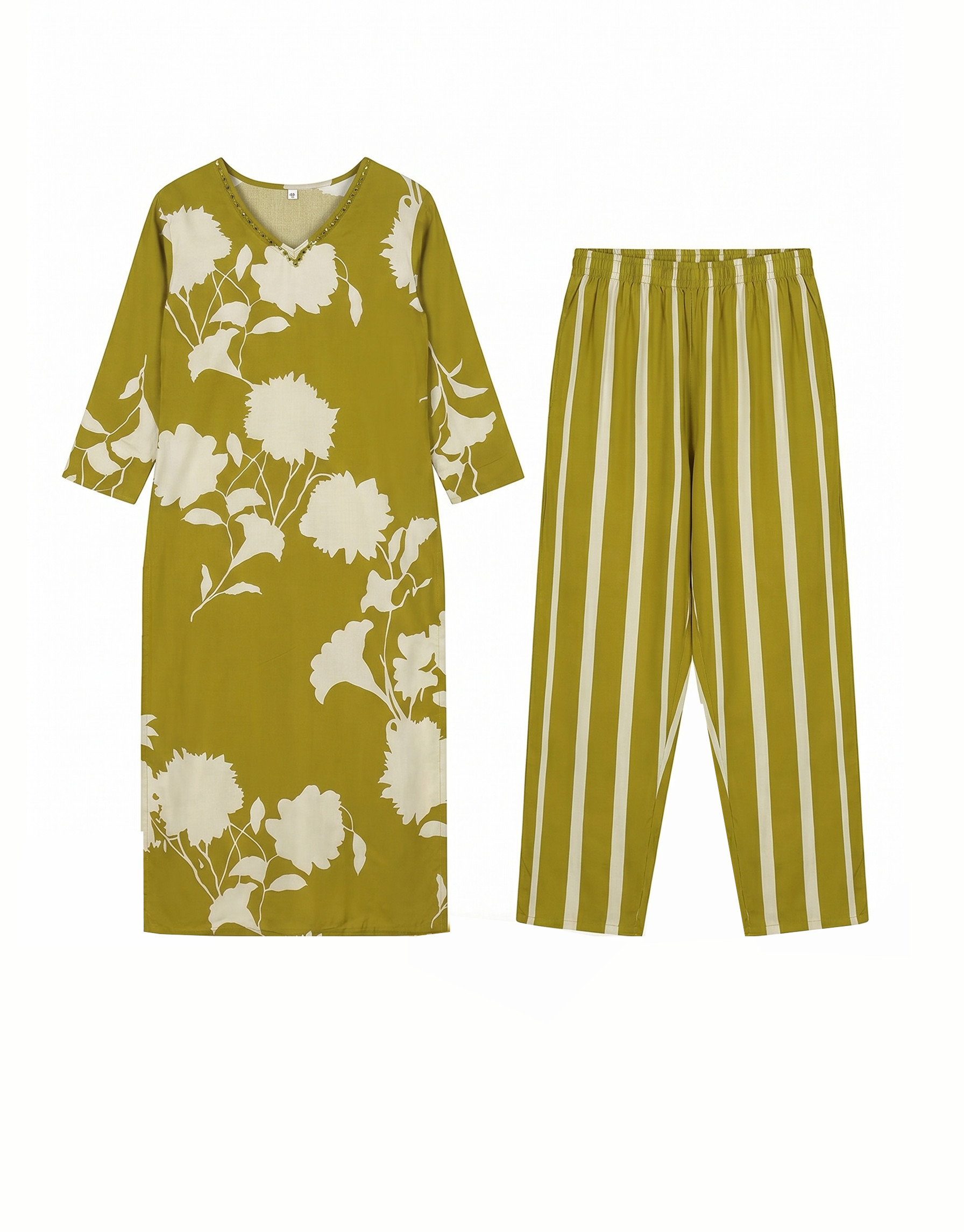 Mustard Yellow Rayon Floral Kurti Co Ord Set