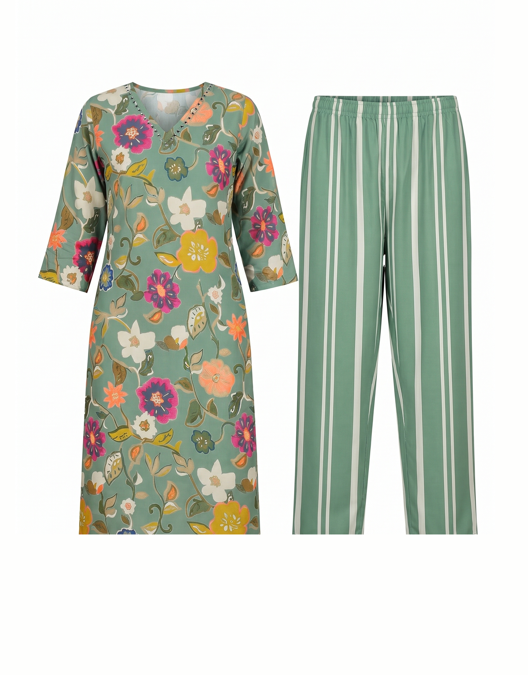 Sage Green Rayon Multi Colored Floral Print Kurti Co-Ord Set
