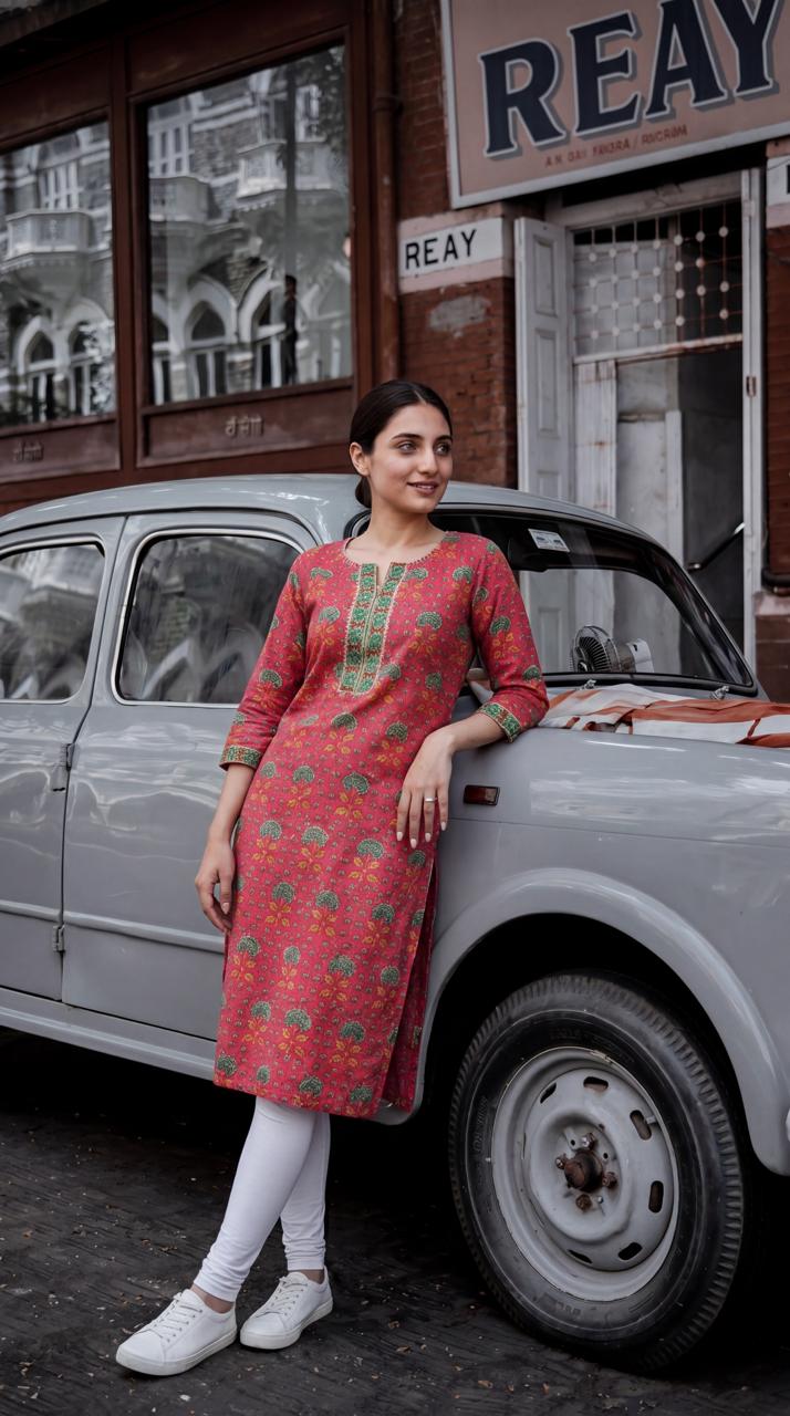 Dark Pink Cotton Printed Kurti