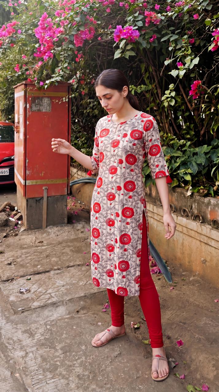 Cream Cotton Floral Printed Kurti