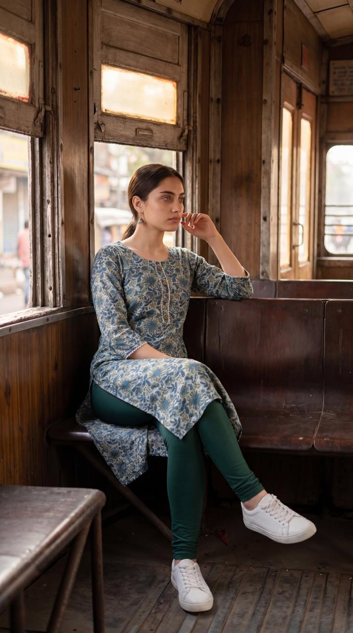Slate Blue Cotton Printed Kurti